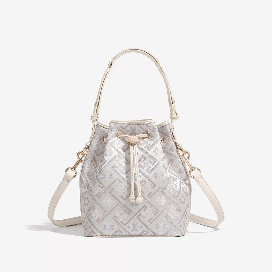 Geometric Pattern Drawstring Crossbody Bucket Bag Cream / onesize Apparel and Accessories