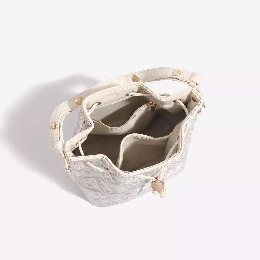 Geometric Pattern Drawstring Crossbody Bucket Bag Cream / onesize Apparel and Accessories