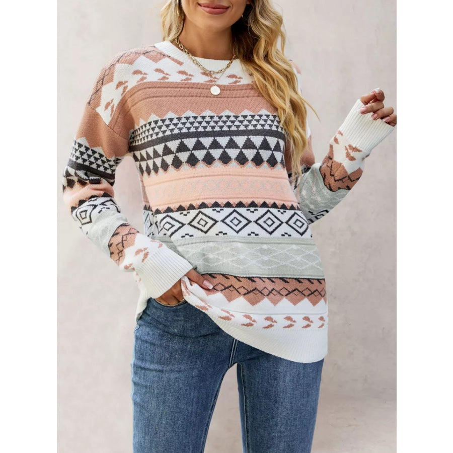 Geometric Pattern Dropped Shoulder Sweater Apparel and Accessories