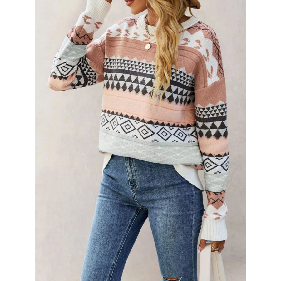 Geometric Pattern Dropped Shoulder Sweater Apparel and Accessories