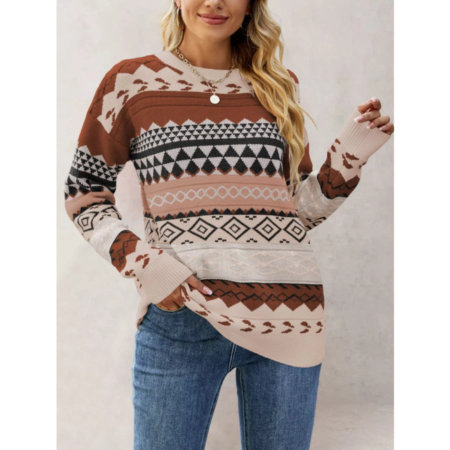 Geometric Pattern Dropped Shoulder Sweater Apparel and Accessories
