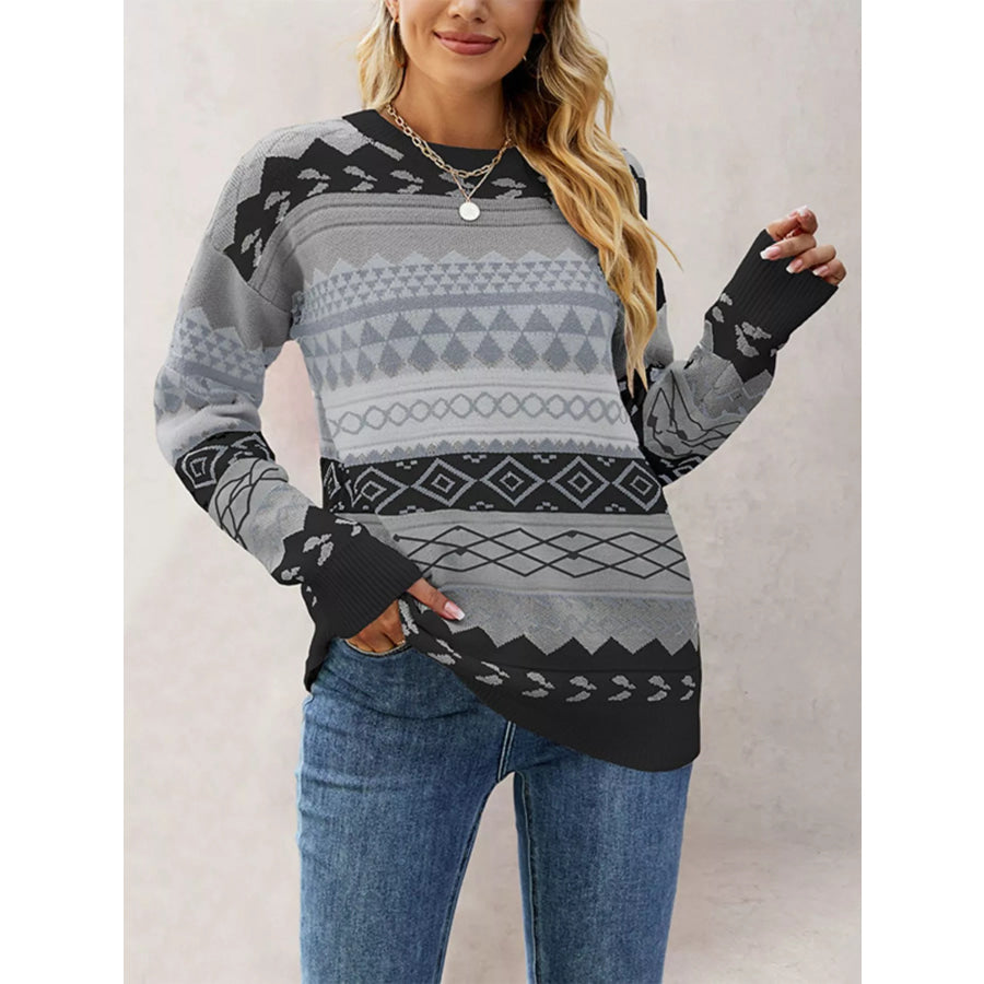 Geometric Pattern Dropped Shoulder Sweater Black / S Apparel and Accessories