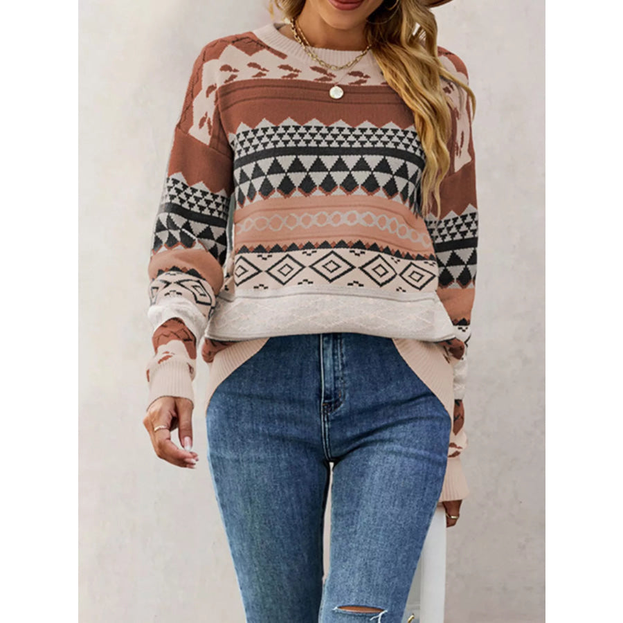 Geometric Pattern Dropped Shoulder Sweater Khaki / S Apparel and Accessories