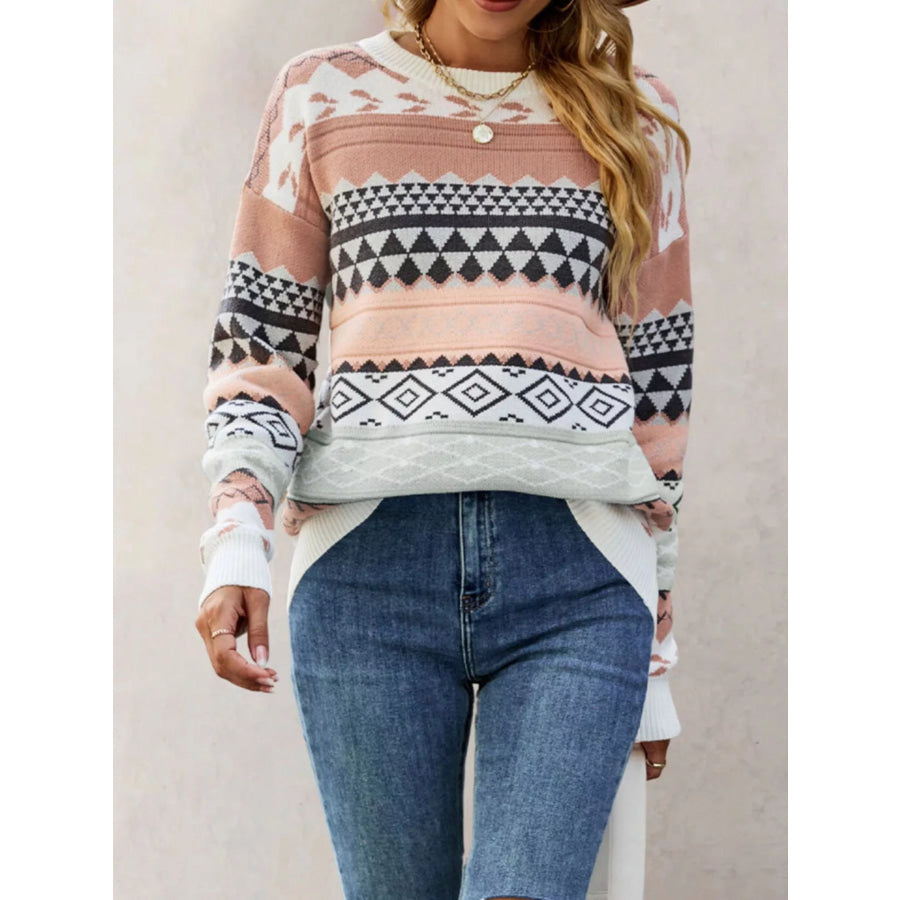 Geometric Pattern Dropped Shoulder Sweater Pink / S Apparel and Accessories