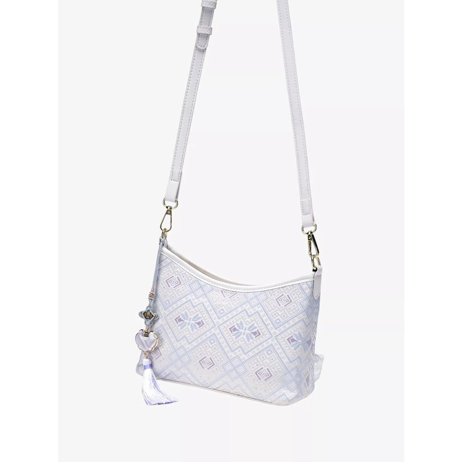 Geometric Pattern Jacquard Crossbody Bag with Tassel Charm White / onesize