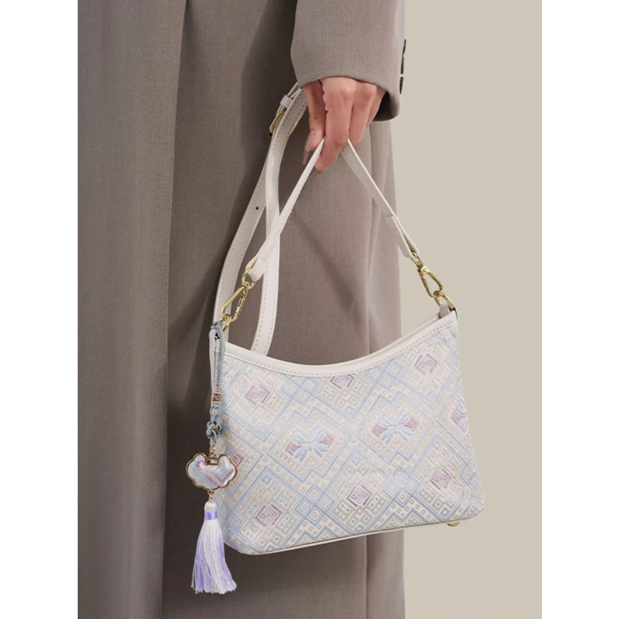 Geometric Pattern Jacquard Crossbody Bag with Tassel Charm White / onesize
