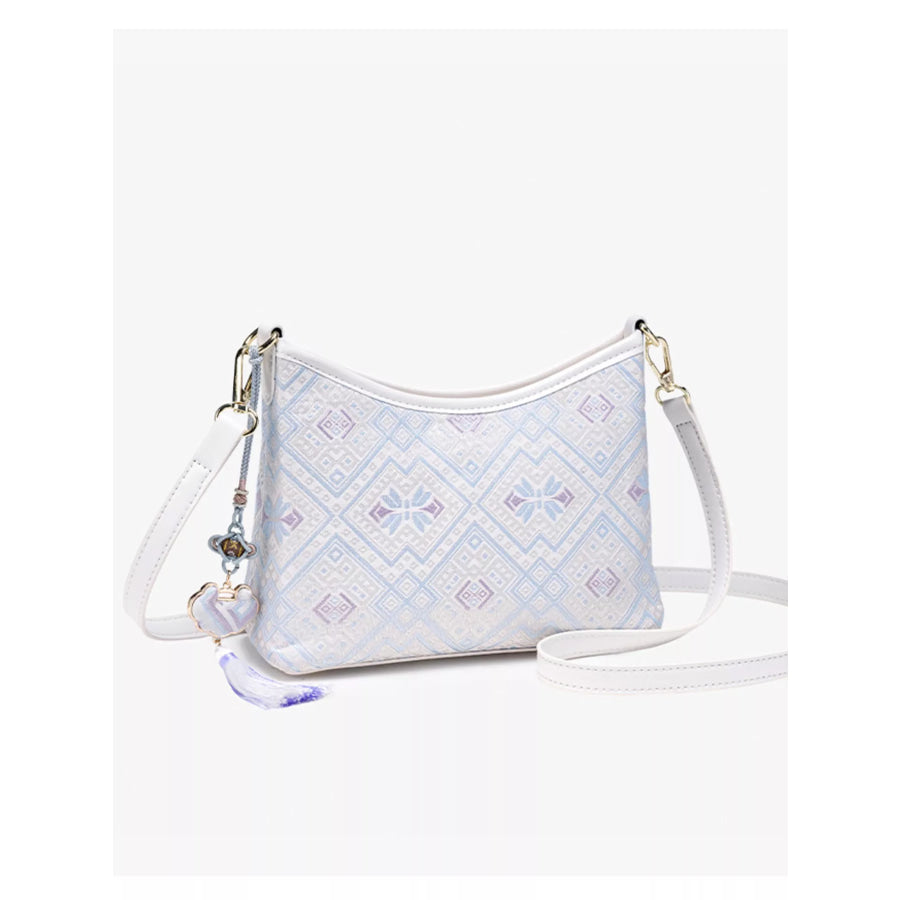 Geometric Pattern Jacquard Crossbody Bag with Tassel Charm White / onesize