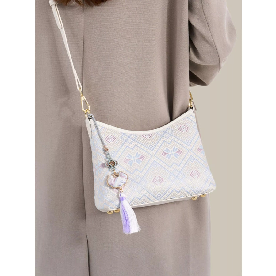 Geometric Pattern Jacquard Crossbody Bag with Tassel Charm White / onesize