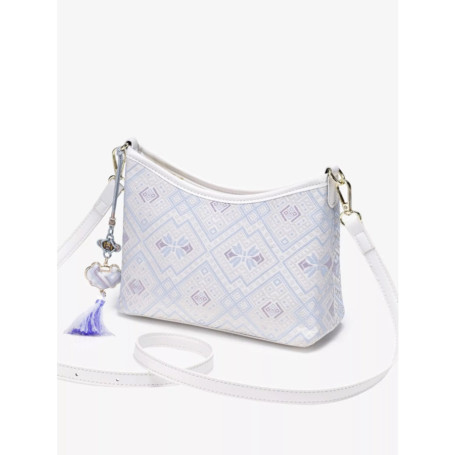 Geometric Pattern Jacquard Crossbody Bag with Tassel Charm White / onesize
