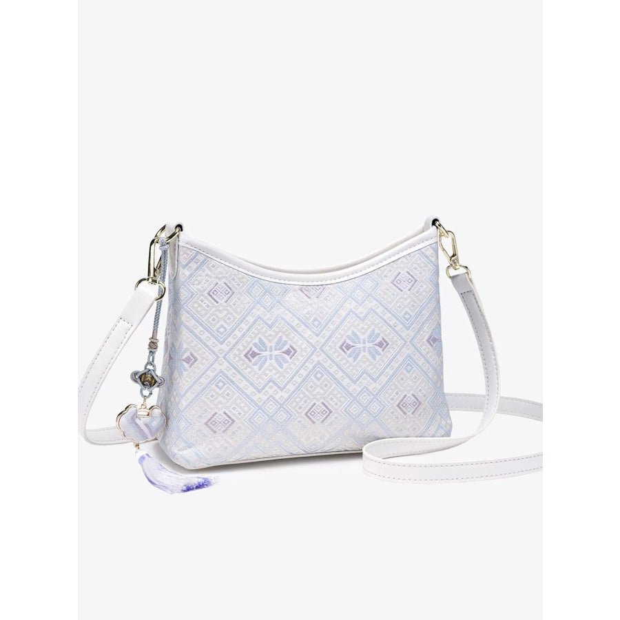 Geometric Pattern Jacquard Crossbody Bag with Tassel Charm White / onesize