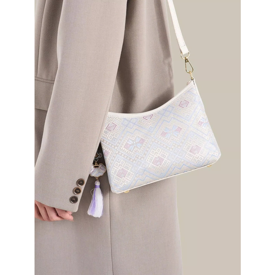 Geometric Pattern Jacquard Crossbody Bag with Tassel Charm White / onesize