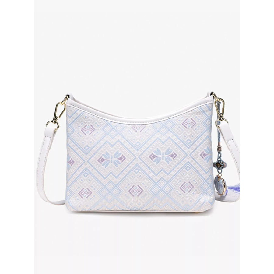 Geometric Pattern Jacquard Crossbody Bag with Tassel Charm White / onesize