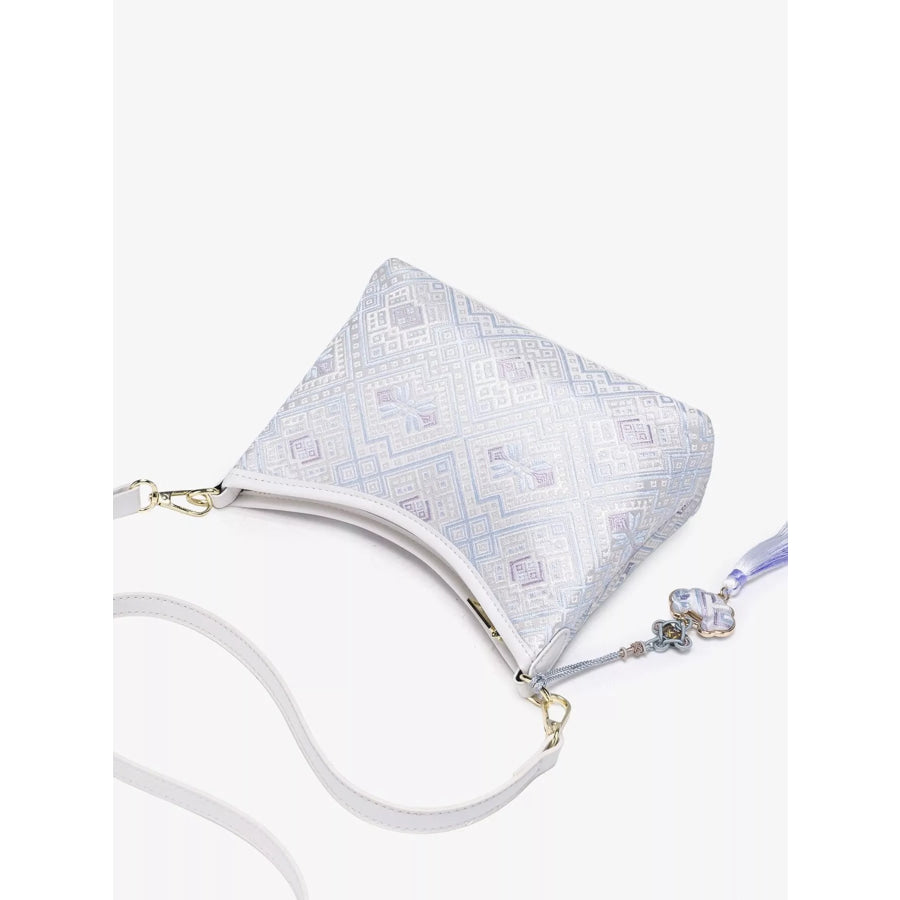 Geometric Pattern Jacquard Crossbody Bag with Tassel Charm White / onesize