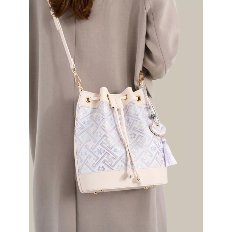 Geometric Pattern Jacquard Drawstring Bucket Crossbody Bag White / onesize