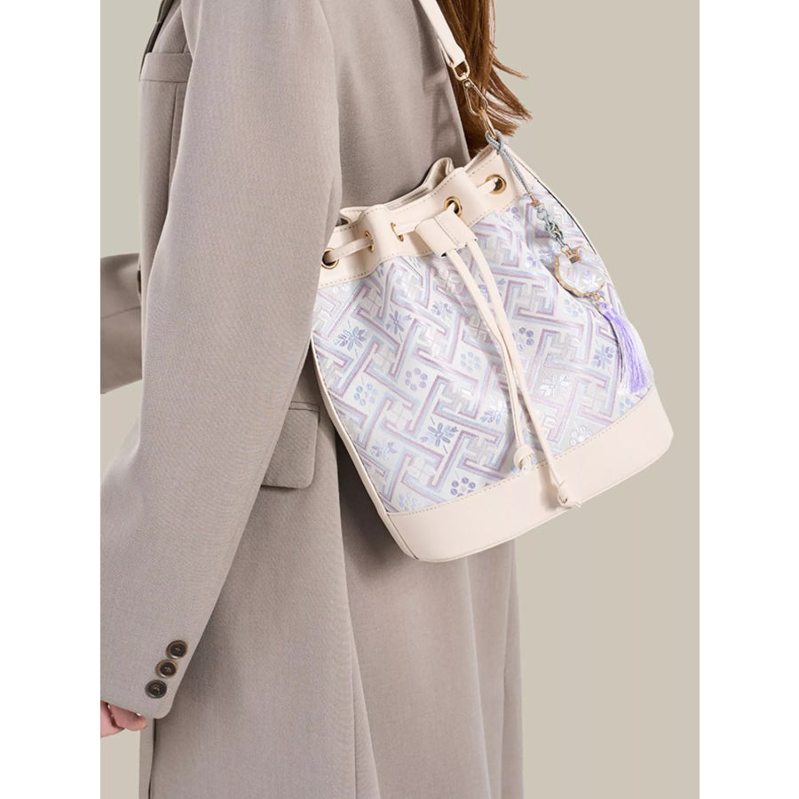 Geometric Pattern Jacquard Drawstring Bucket Crossbody Bag White / onesize
