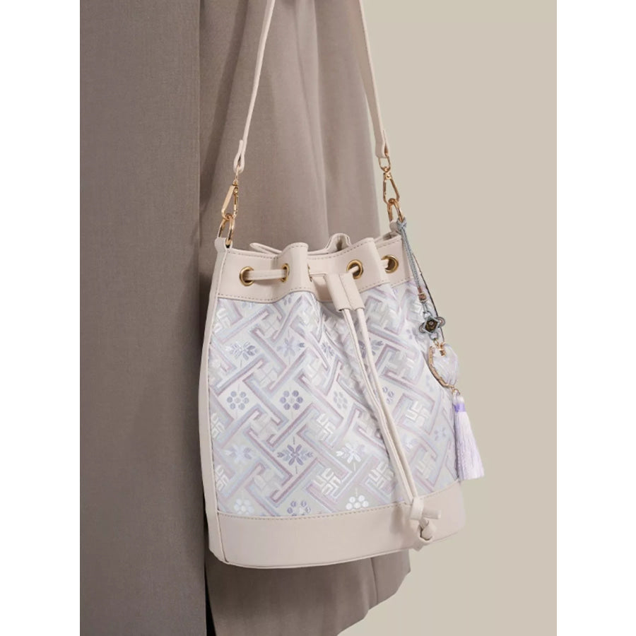 Geometric Pattern Jacquard Drawstring Bucket Crossbody Bag White / onesize