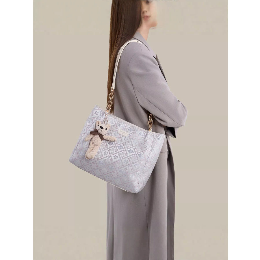 Geometric Pattern Jacquard Shoulder Bag with Detachable Teddy Bear Charm Pink Purple / onesize Apparel and Accessories