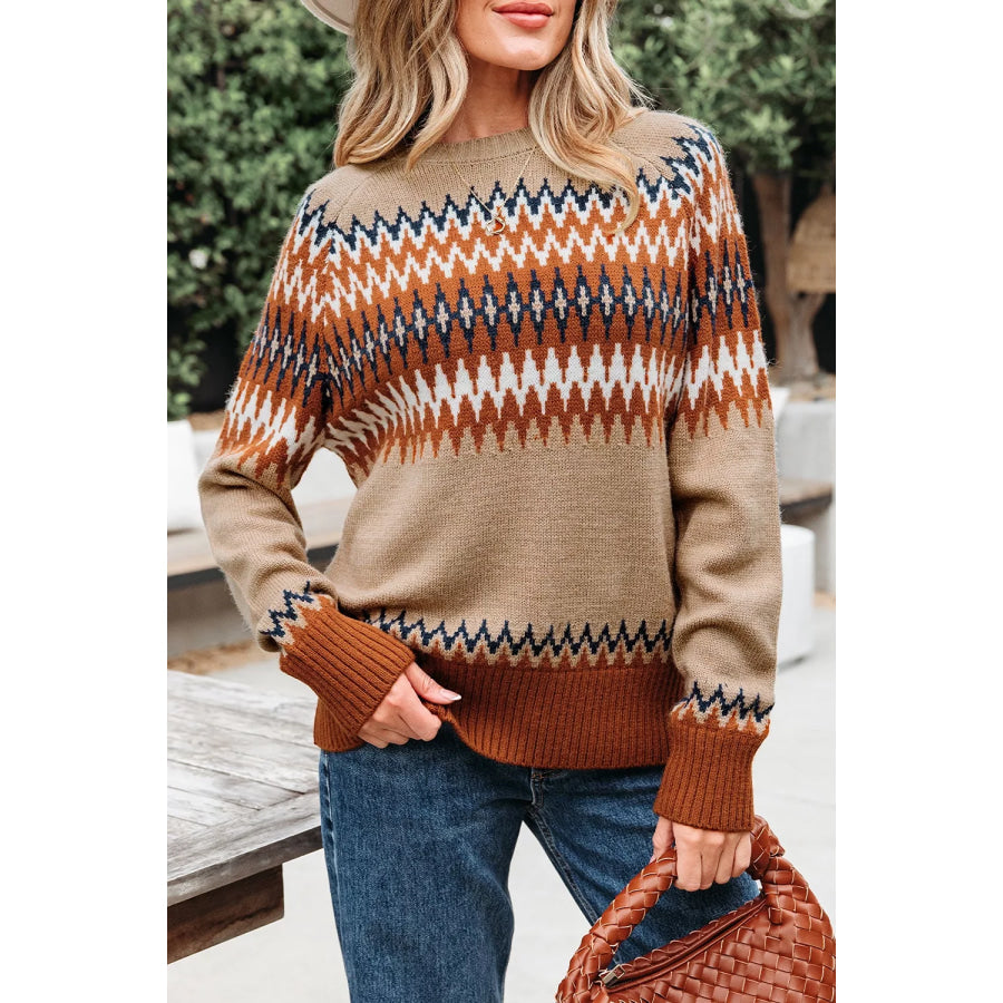 Geometric Pattern Long Sleeve Sweater Taupe / S Apparel and Accessories