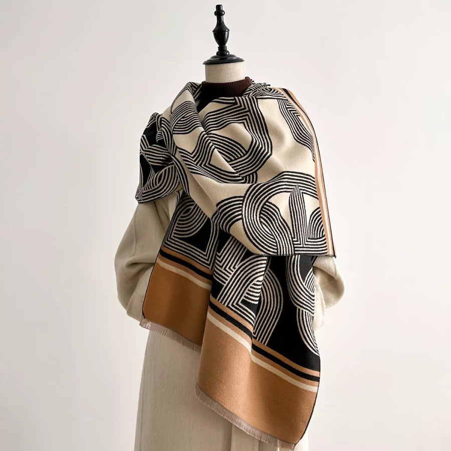 Geometric Pattern Raw Hem Scarf Black / One Size Apparel and Accessories