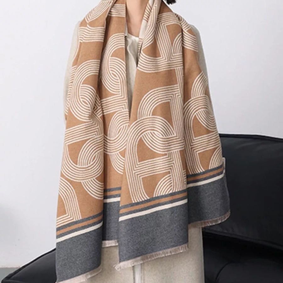 Geometric Pattern Raw Hem Scarf Khaki / One Size Apparel and Accessories