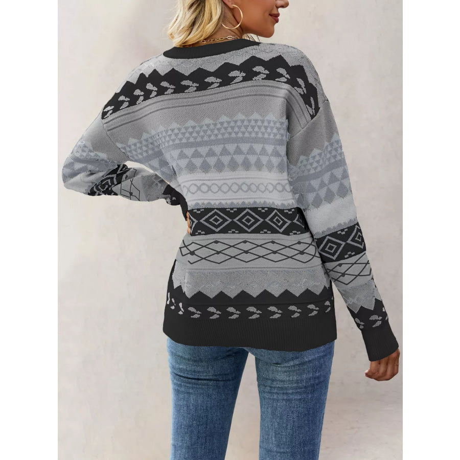 Geometric Pattern Round Neck Sweater Apparel and Accessories