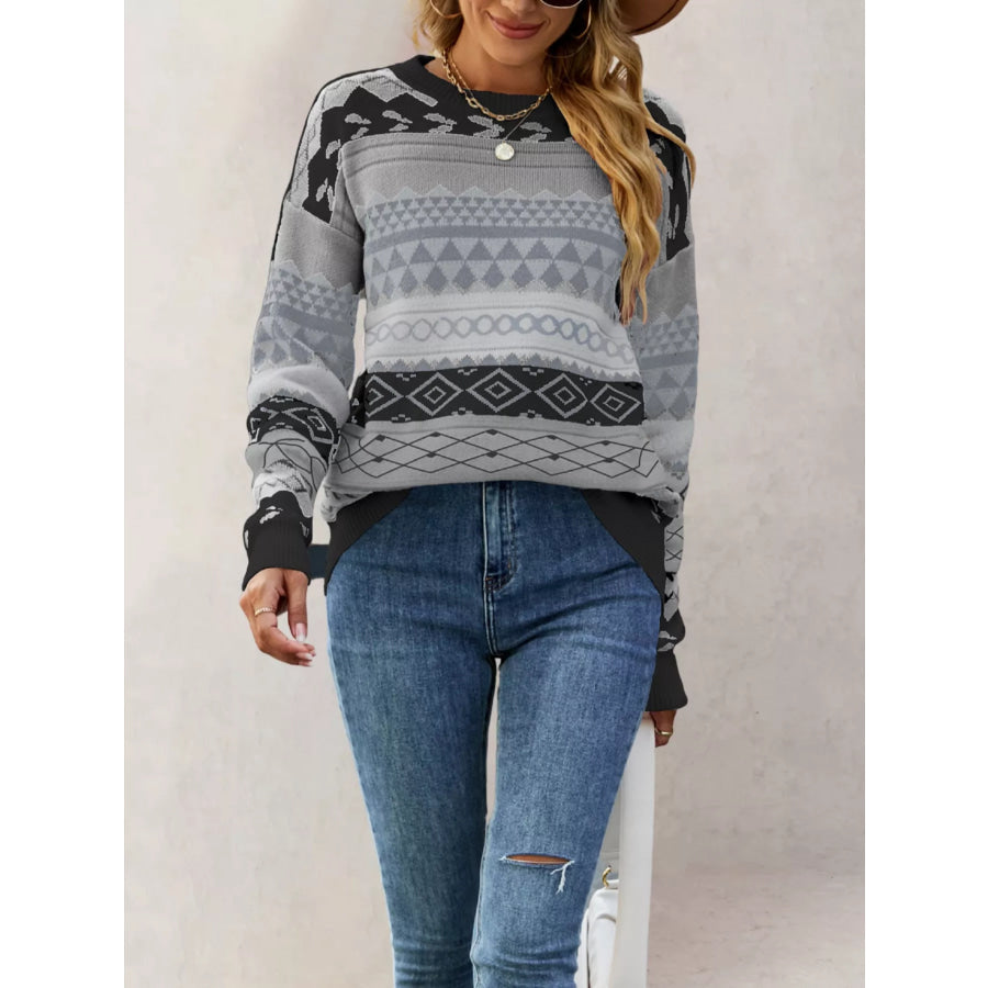 Geometric Pattern Round Neck Sweater Apparel and Accessories