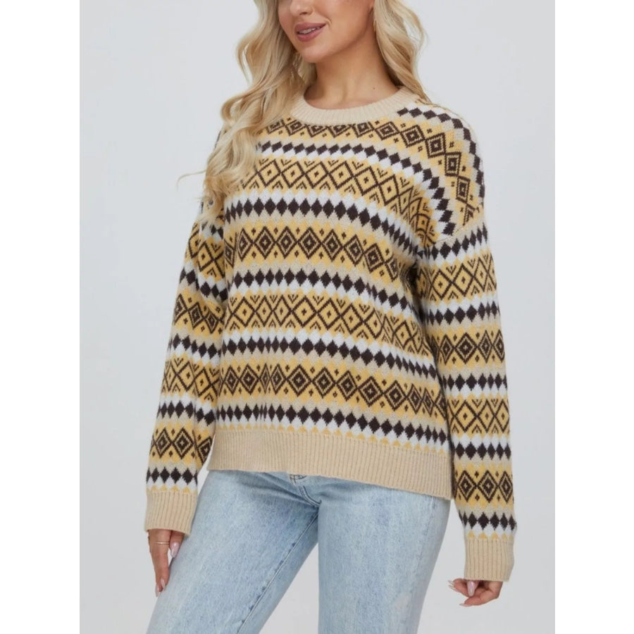 Geometric Pattern Round Neck Sweater Apparel and Accessories