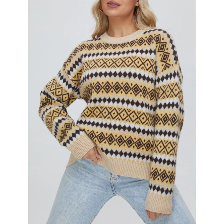 Geometric Pattern Round Neck Sweater Apparel and Accessories
