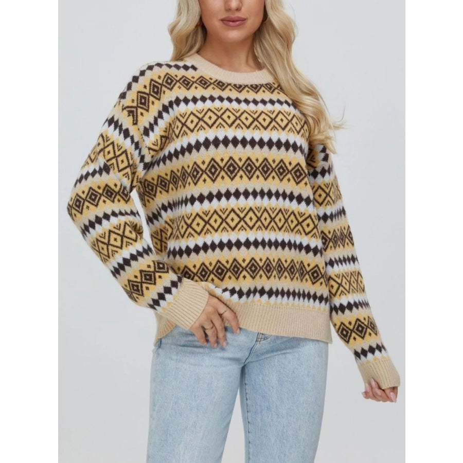 Geometric Pattern Round Neck Sweater Apparel and Accessories