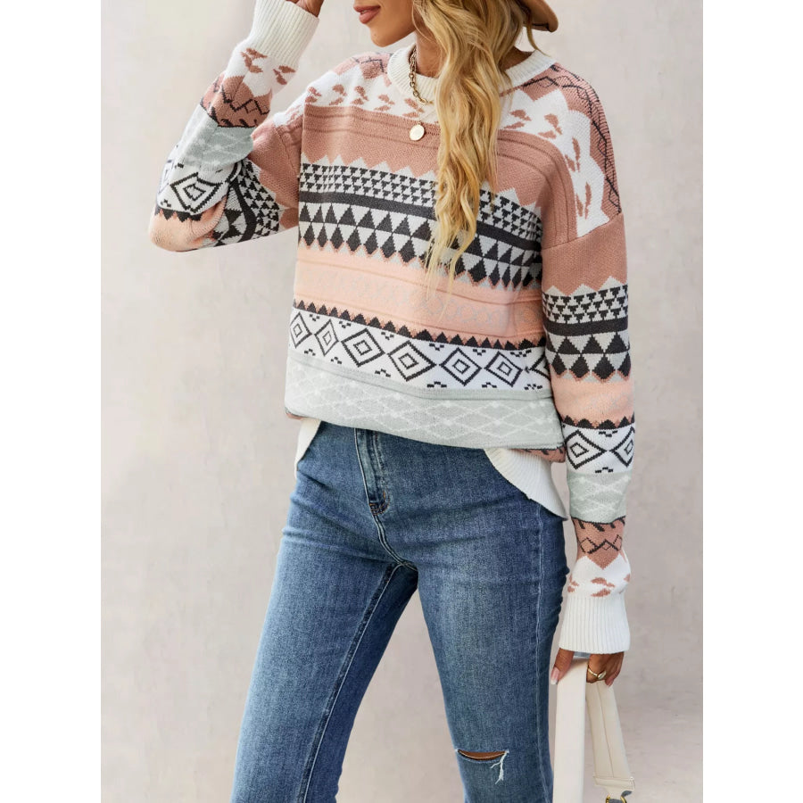 Geometric Pattern Round Neck Sweater Apparel and Accessories