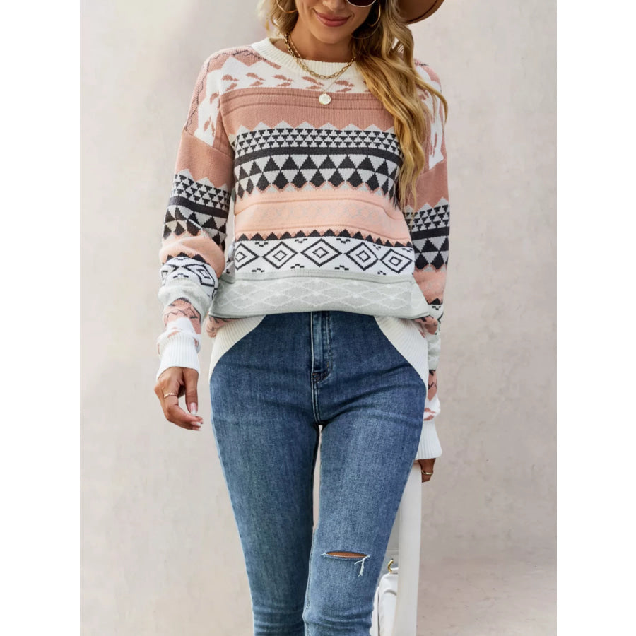 Geometric Pattern Round Neck Sweater Apparel and Accessories