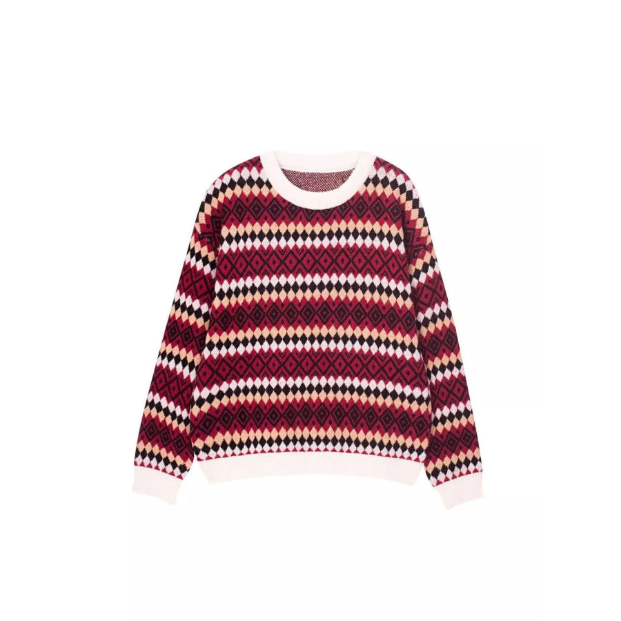 Geometric Pattern Round Neck Sweater Burgundy / S Apparel and Accessories