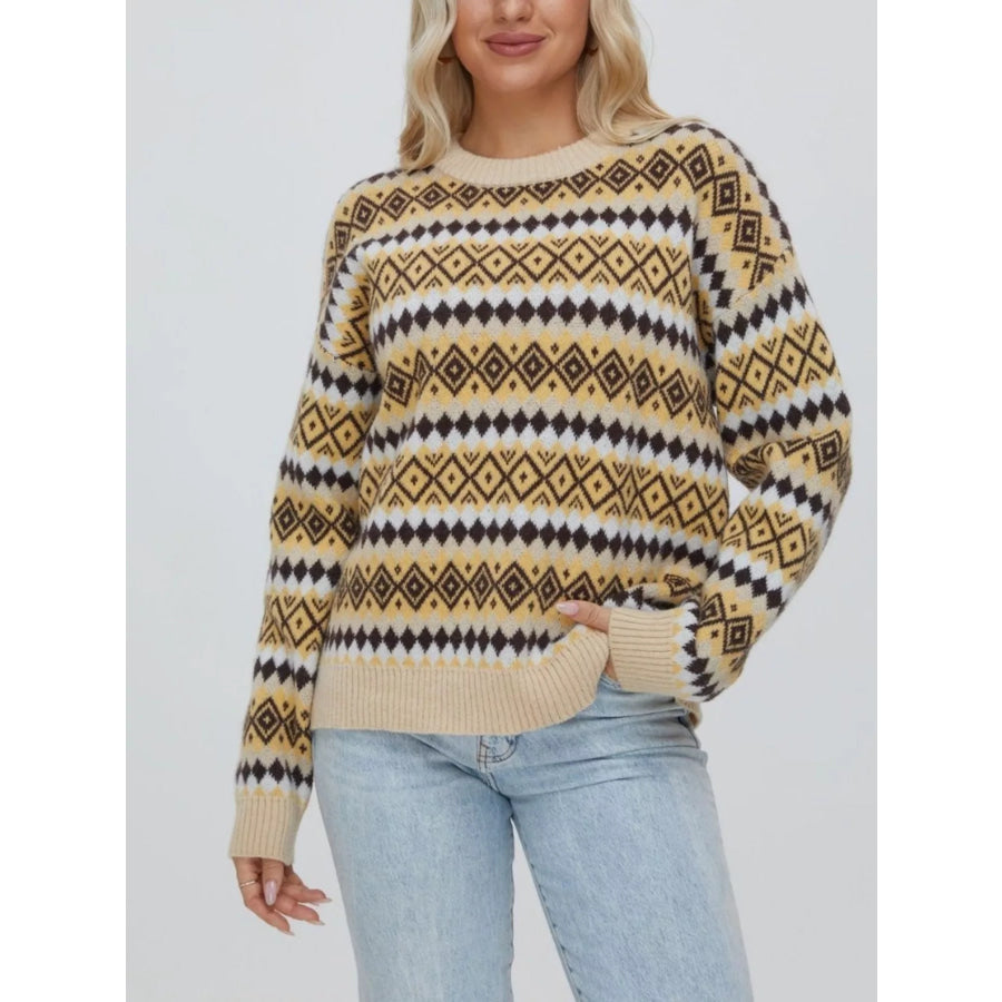 Geometric Pattern Round Neck Sweater Mustard / S Apparel and Accessories