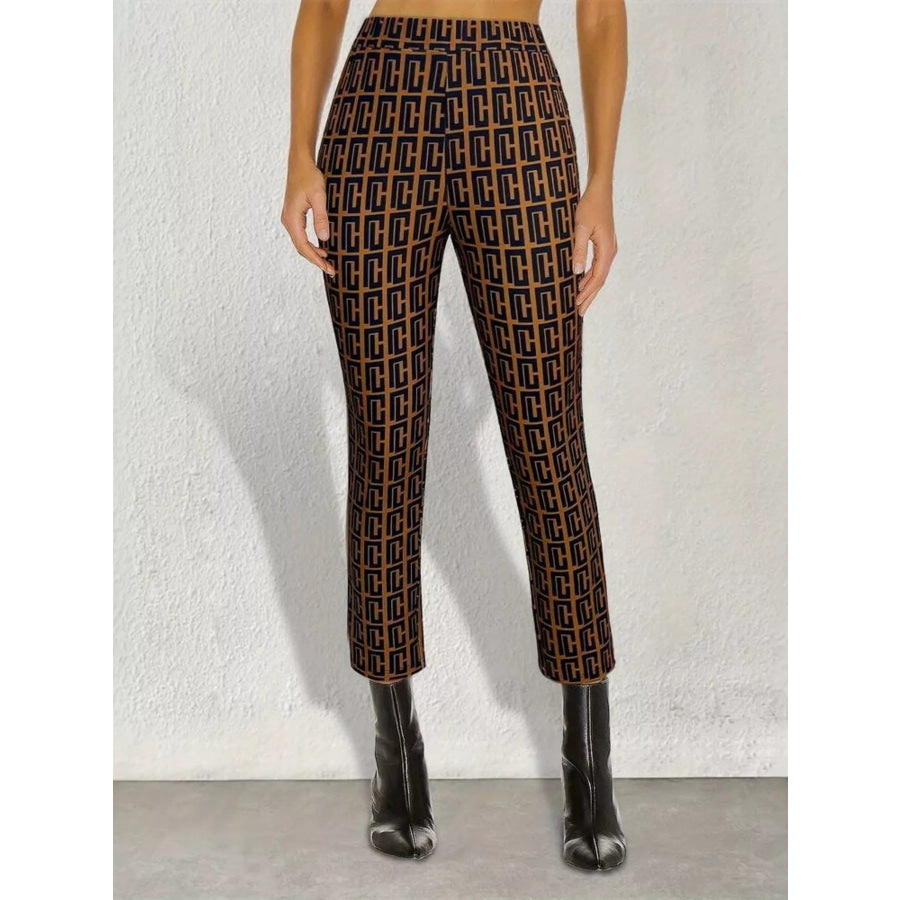 Geometric Pattern Slim-Fit Cropped Pants Coffee Brown / S Apparel and Accessories