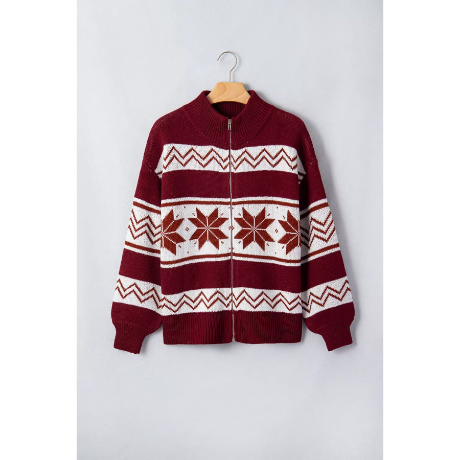 Geometric Pattern Zip-Up Knit Long Sleeve Regular Fit Cardigan Apparel and Accessories