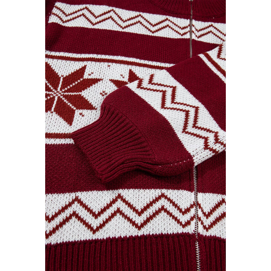 Geometric Pattern Zip-Up Knit Long Sleeve Regular Fit Cardigan Apparel and Accessories