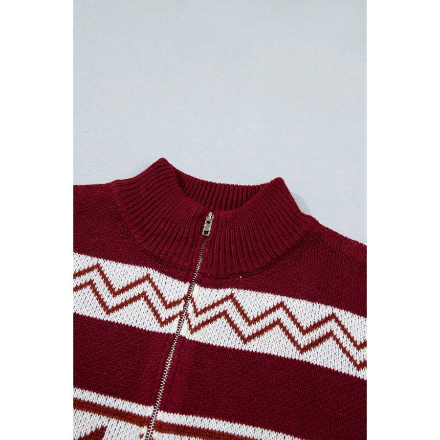 Geometric Pattern Zip-Up Knit Long Sleeve Regular Fit Cardigan Apparel and Accessories