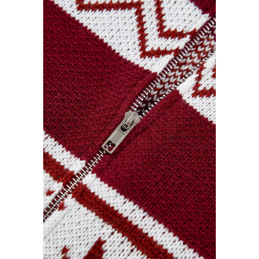 Geometric Pattern Zip-Up Knit Long Sleeve Regular Fit Cardigan Apparel and Accessories