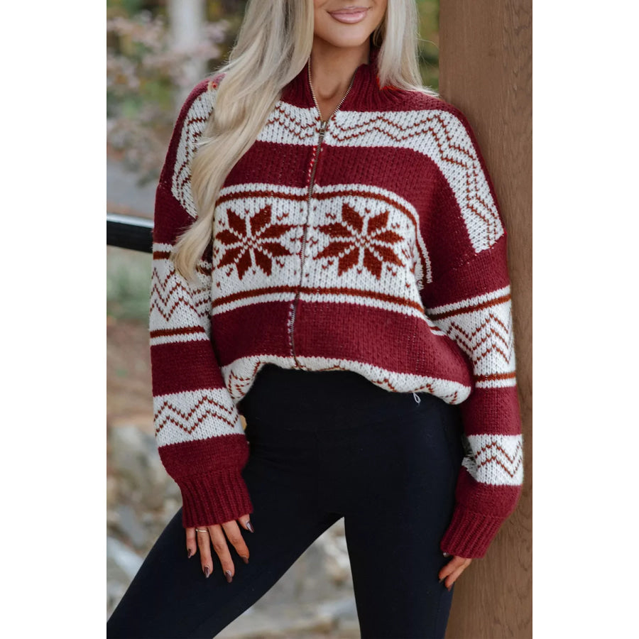 Geometric Pattern Zip-Up Knit Long Sleeve Regular Fit Cardigan Apparel and Accessories
