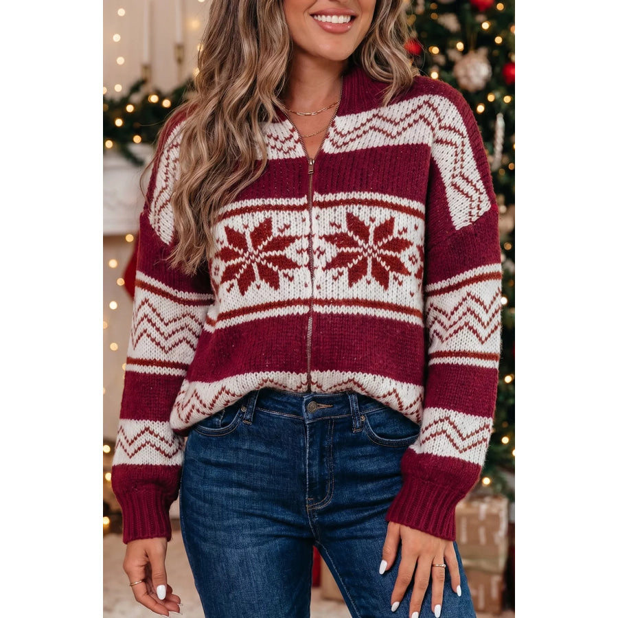 Geometric Pattern Zip-Up Knit Long Sleeve Regular Fit Cardigan Burgundy / S Apparel and Accessories
