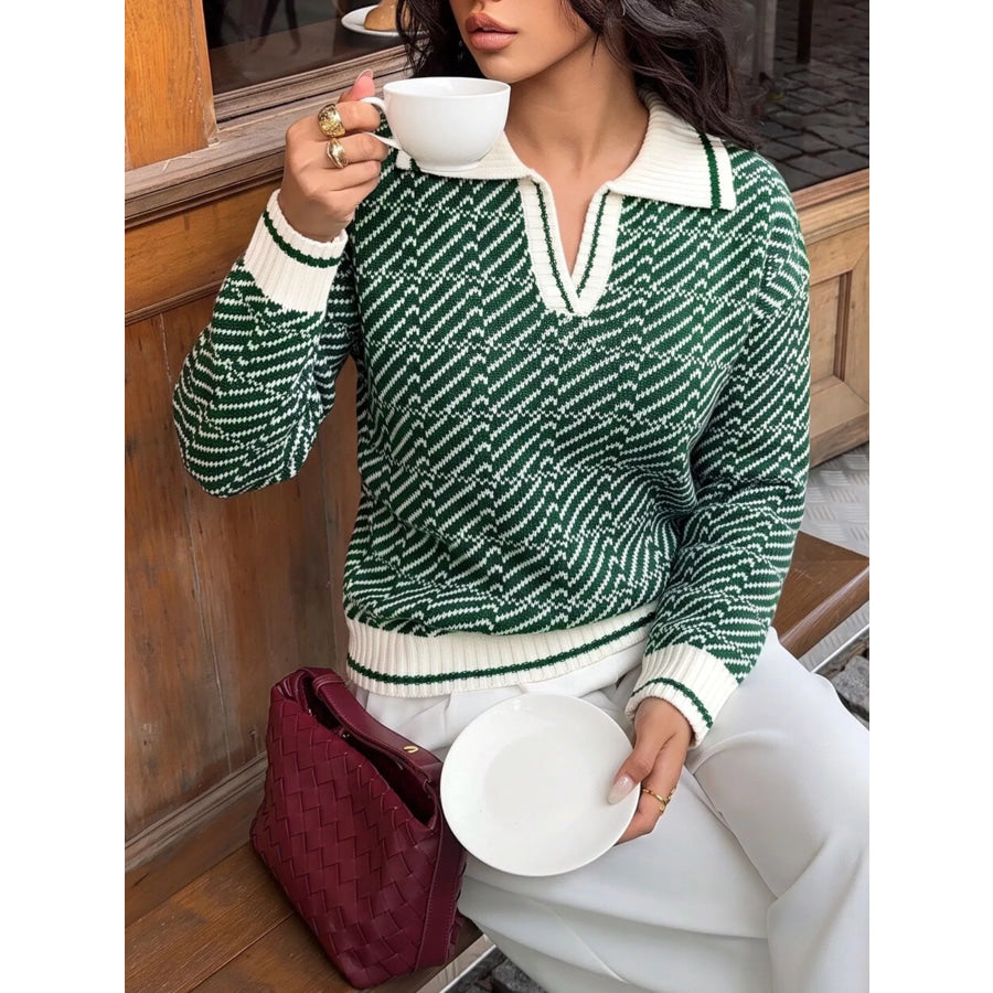 Geometric Patterned Collared Sweater Apparel and Accessories