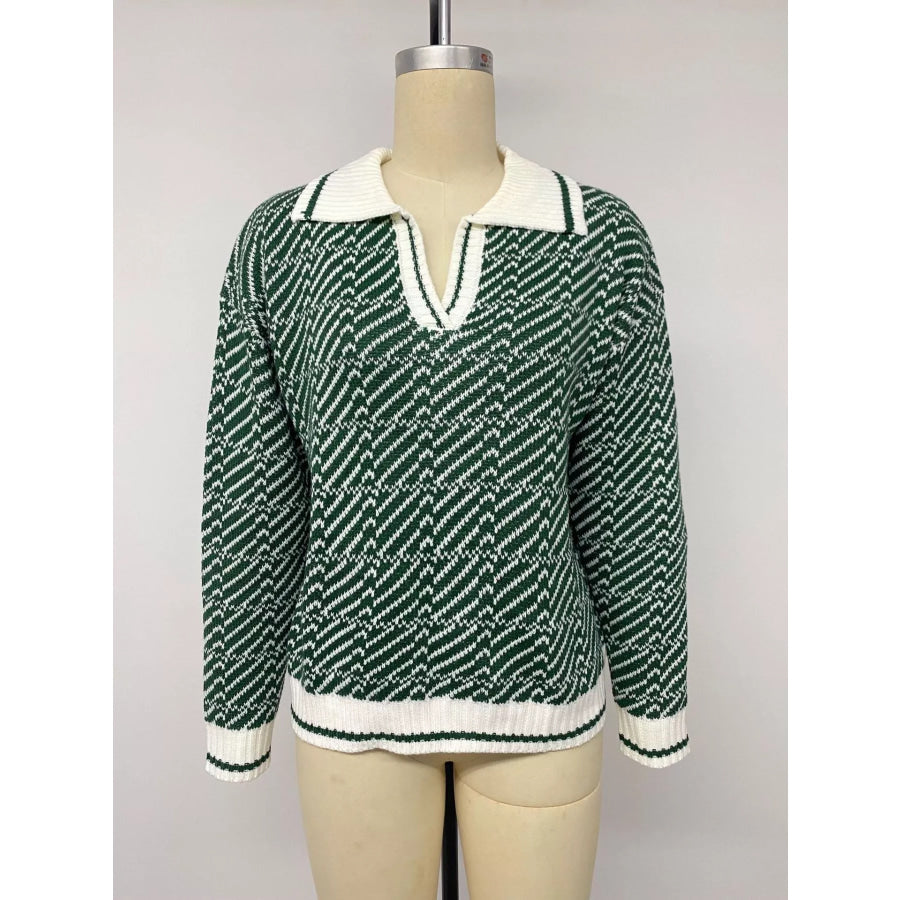 Geometric Patterned Collared Sweater Apparel and Accessories