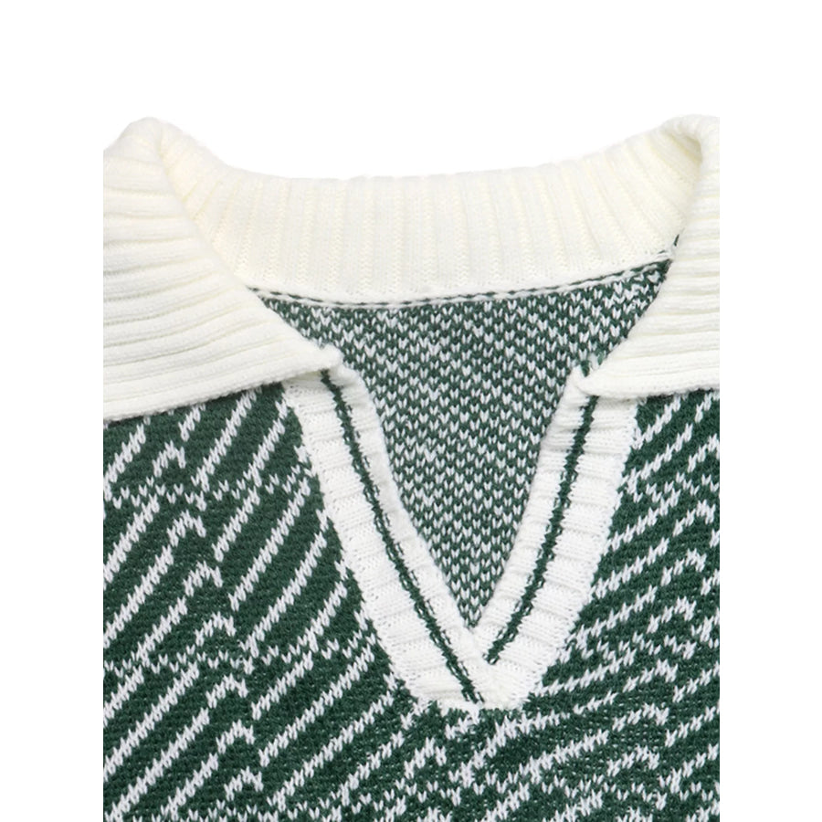 Geometric Patterned Collared Sweater Apparel and Accessories