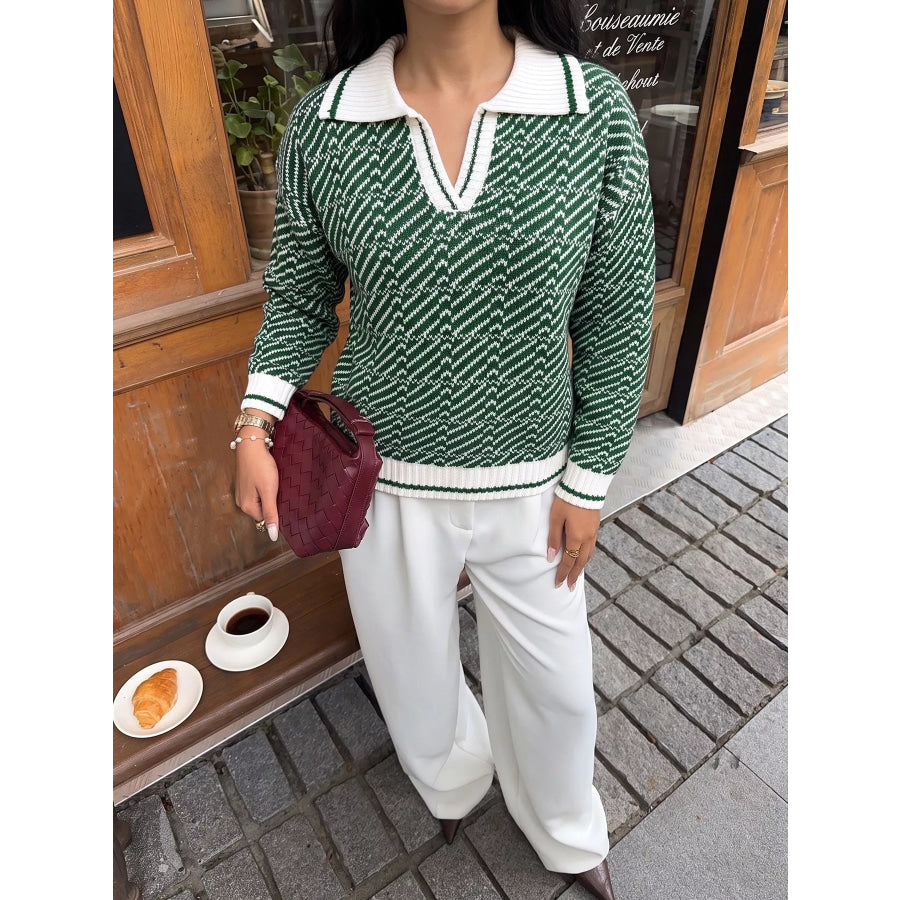 Geometric Patterned Collared Sweater Apparel and Accessories
