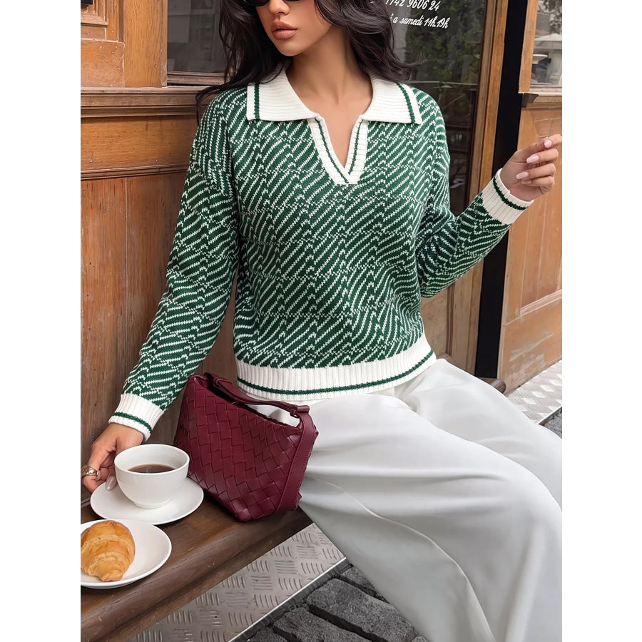 Geometric Patterned Collared Sweater Apparel and Accessories
