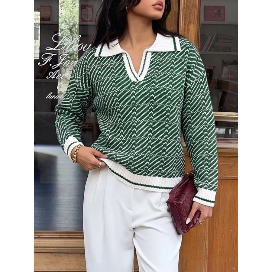 Geometric Patterned Collared Sweater Apparel and Accessories