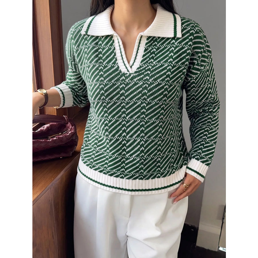 Geometric Patterned Collared Sweater Green / S Apparel and Accessories
