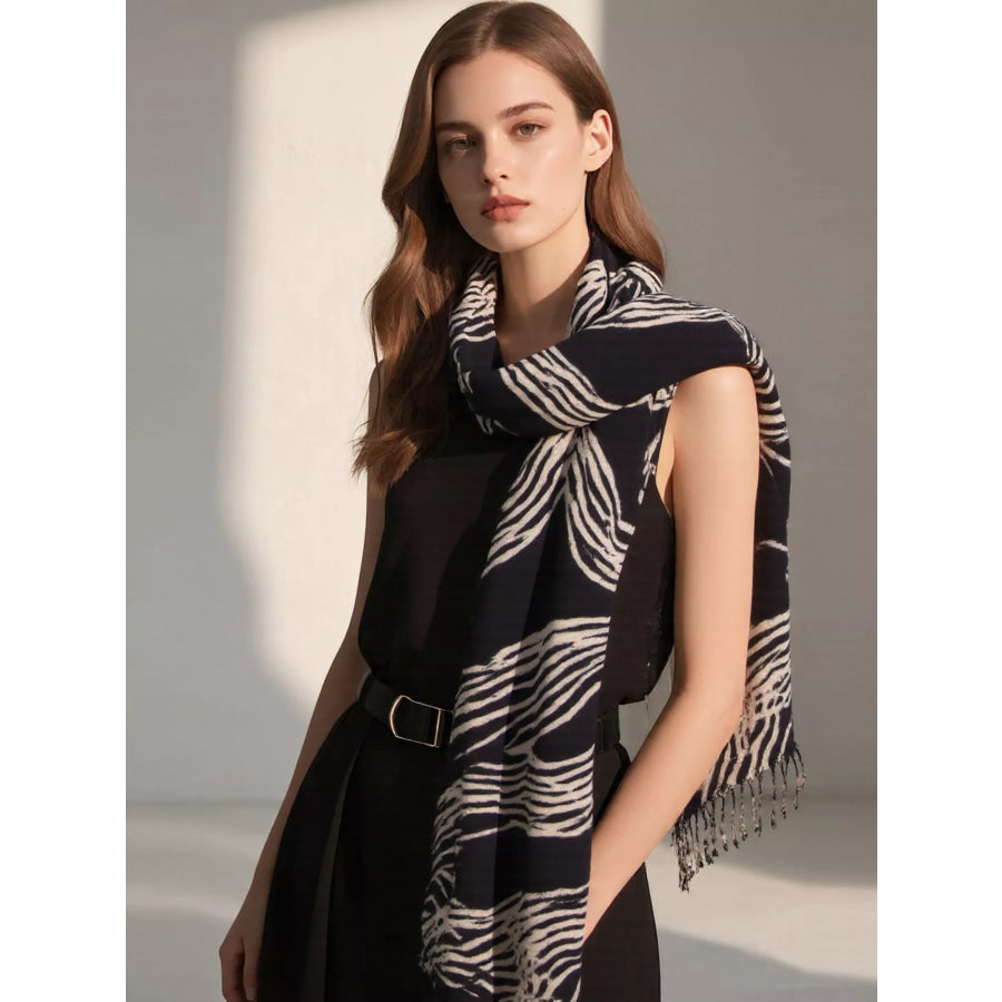 Geometric Patterned Fringe Scarf Black / One Size Apparel and Accessories