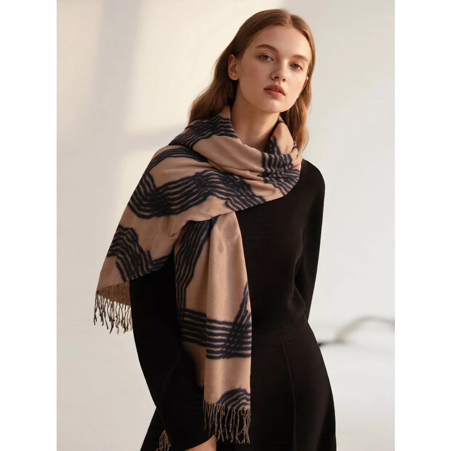Geometric Patterned Fringe Scarf Khaki / One Size Apparel and Accessories