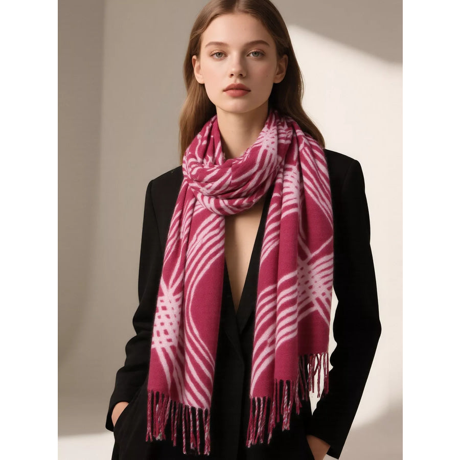 Geometric Patterned Fringe Scarf Pink / One Size Apparel and Accessories